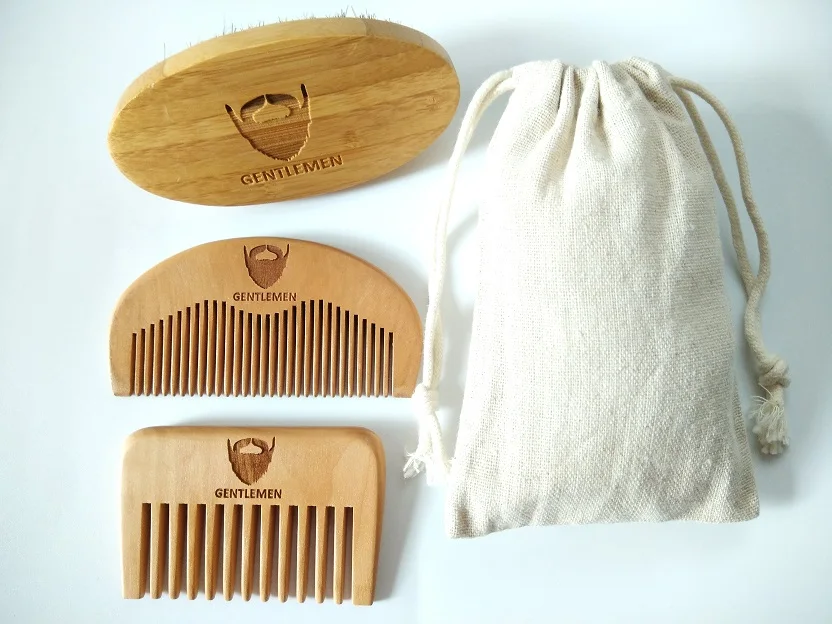 1SET Bamboo Wood Boar Bristle Beard Brush Wide/Fine Tooth Comb For Gentlemen Linen Bag Can |