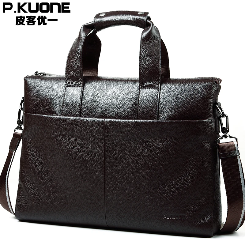 P.KUONE Мужские Простые Сумки из натуральной воловьей кожи деловой портфель через