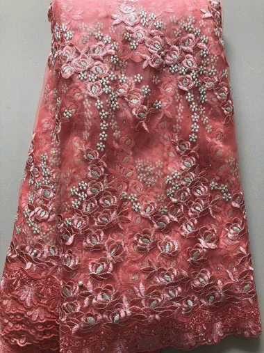2019 High Quality African Lace Fabrics/French Net Embroidery Peach Flowers Tulle Fabric French stones FLL3386 | Дом и сад
