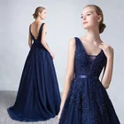 На заказ Длинные темно-синие Элегантные платья невесты для женщин Vestidos с аппликацией Кружева Бисероплетение Свадебное платье тюль платье для выпускного вечера