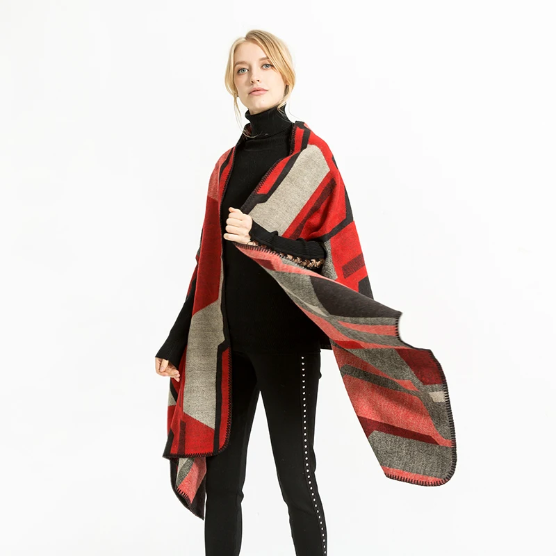 Женское пончо с геометрическим рисунком теплое из Пашмина цветным рисунком|Женские шарфы| |