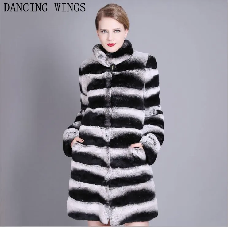 90CM Luxury Whole Skin Natural Chinchilla Fur Coats Stand Collar Striped Women Real Rex Rabbit Fur Long Jacket Winter Thick Coat enlarge