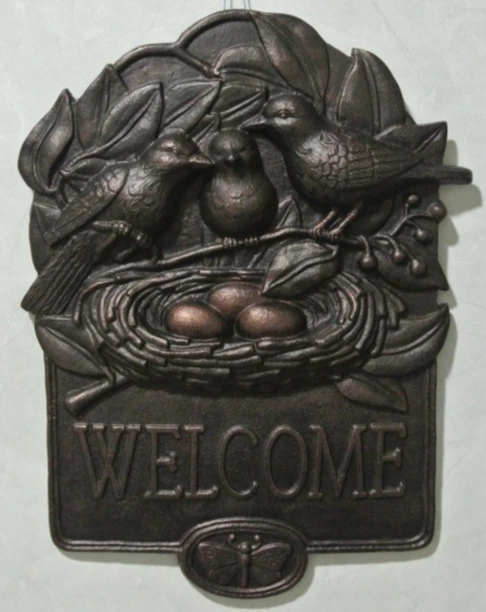 

Cast Aluminum WELCOME Plaque Birds' Nest Vintage Metal Hanging Wall Door Decor for Shop Store Bar Pub Restaurant Home Antique