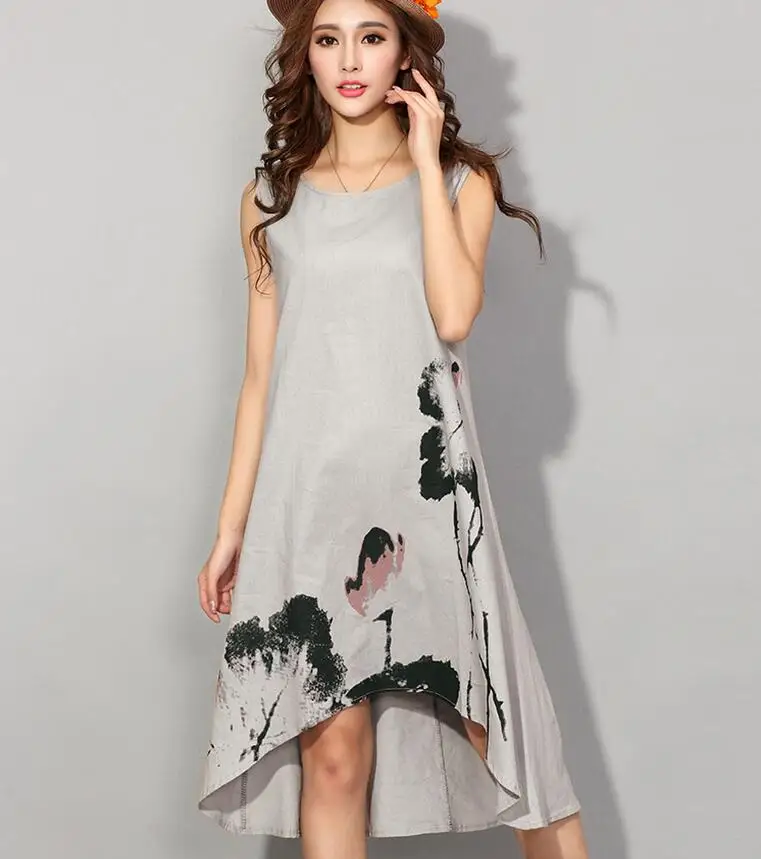 Женское платье без рукавов с круглым вырезом из хлопка и льна|vestido de festa|linen dresscotton