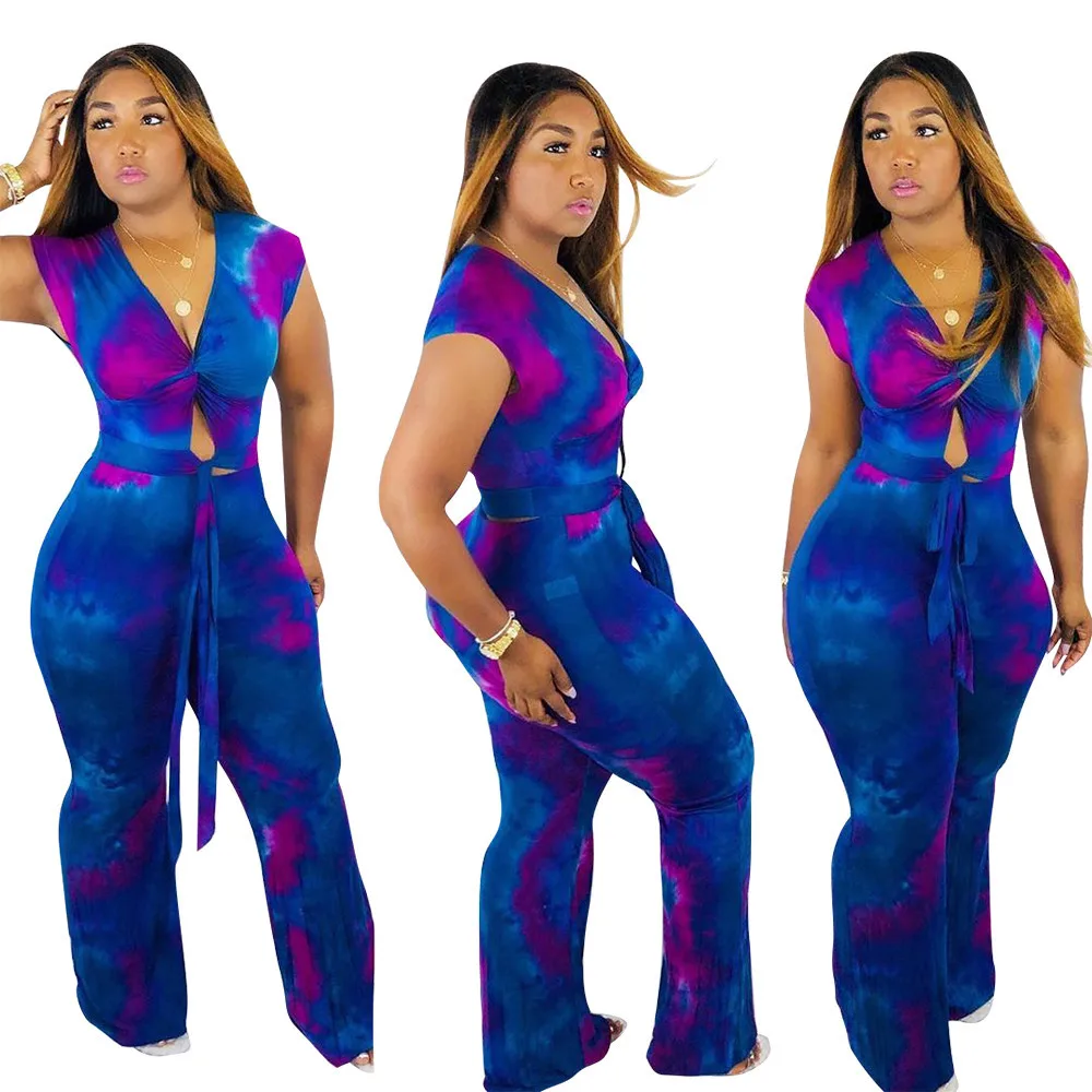 

Blue Rainbow Print Bandage Short V-Neck Top With Pants Sexy Women Sets Tow Piece Outfits