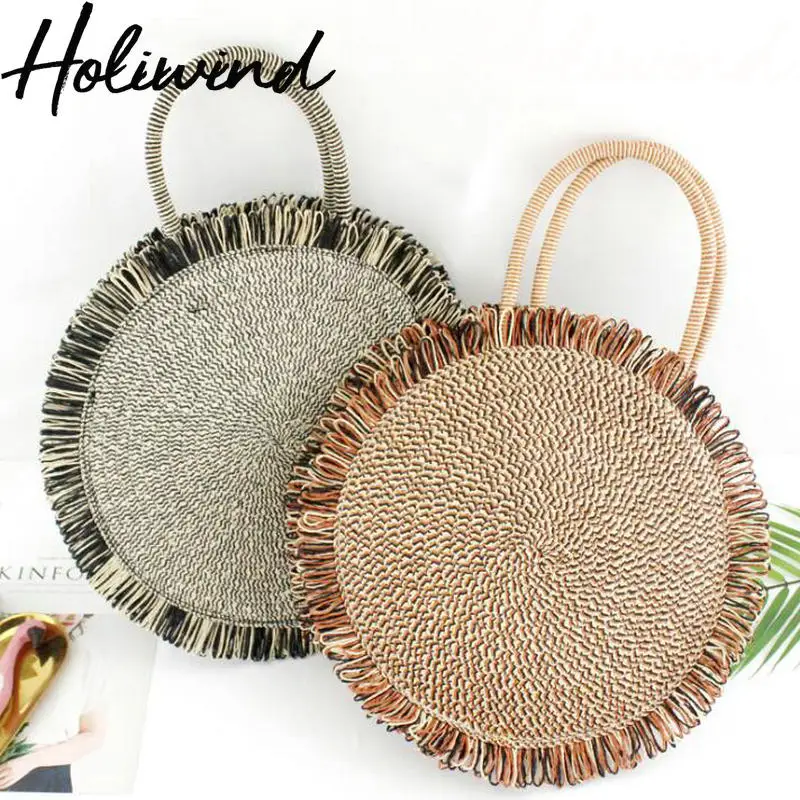 2019 Летняя женская Соломенная круглая сумка с кисточками плетеная солома круглые