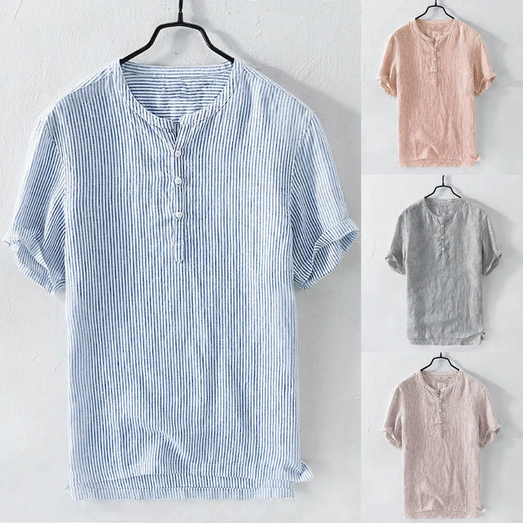 

Men's Baggy Cool Thin Breathable Stripe Cotton Linen Short Sleeve Button Pocket Shirts Tops Blouse camisas hombre manga larga