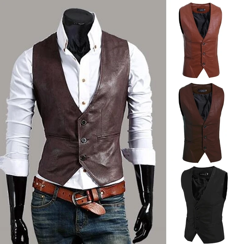 

ZOGAA 2021 new Men's Slim Vest Sleeveless Jacket Casual PU Leather Vests Button Open V-neck Geek Simple Joker Slim Fit Vest Men