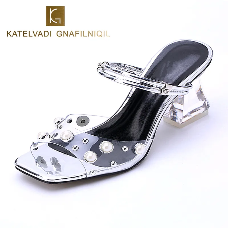 Summer Open Toe Silver Crystal Pearl Sandals Fashion Clear Transparent Sandals Woman 7.5CM Thick High Heels Ladies Shoes K-201