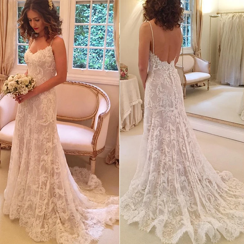 Elegant Lace Wedding Gowns Sexy Spaghetti-Straps Bridal V-neck A-Line Long Dresses Custom Made Plus Size | Женская одежда