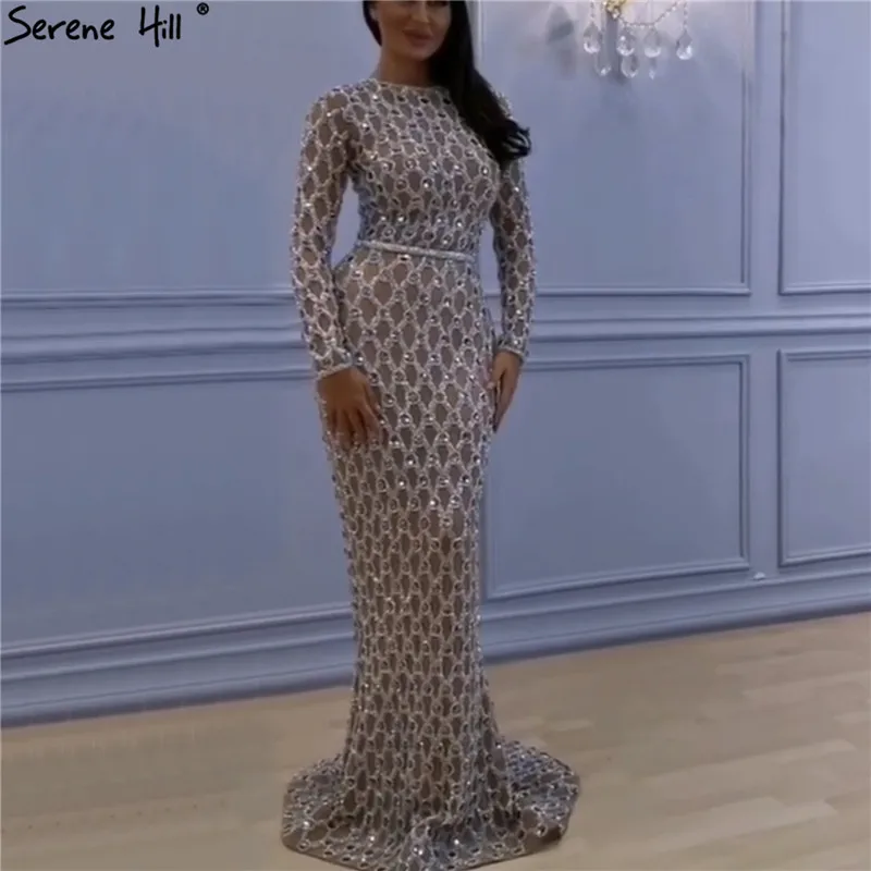 В мусульманском стиле с длинным рукавом телесное Серебряное Вечернее Платье 2021