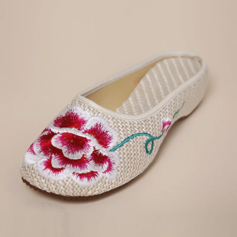 Flower sandals Linen Size(36-40) Beige+Wine red Summer Chinese Style Casual Breathable Antiskid Peony Embroidery slipper | Обувь