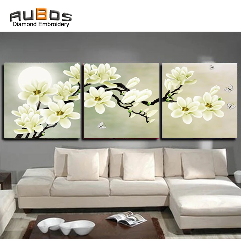 RUBOS DIY 5D алмазная Вышивка Цветы белая Магнолия Триптих Алмазная картина
