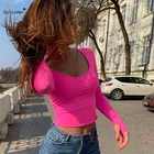 Футболка женская с длинным рукавом, пикантная уличная одежда, облегающий флуоресцентный топ в Корейском стиле Харадзюку, неоновый розовый желтый оранжевый, осень