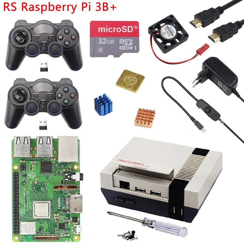 Raspberry Pi 3 Model B + чехол NESPi Plus 2 беспроводных геймпада SD карта 32 ГБ адаптер питания А