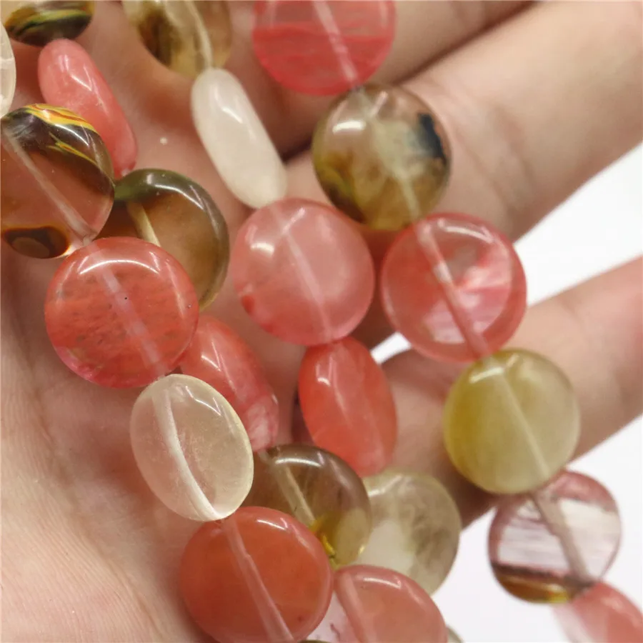 Natural 12mm 14mm Pink Watermelon Tourmaline Coin Round Beads Handicrafts Jewelry Making Gifts for Women Loose 15inch Y126 | Украшения и