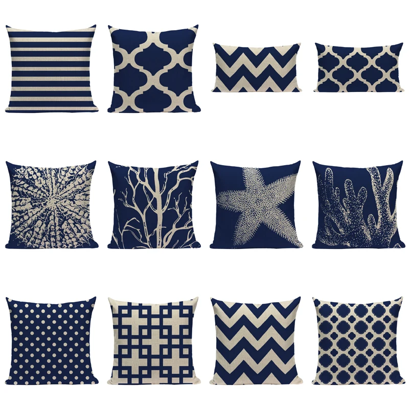 

Customized marine decoration Linen Blue Coral And Starfish Cushion Cover Square Home Decor 1 Side Printing Pillow Cover