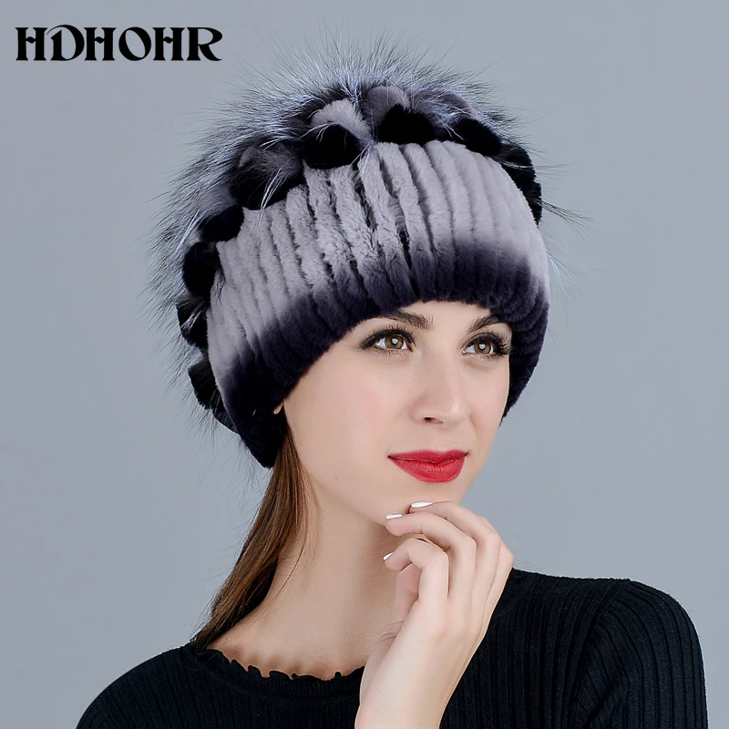 HDHOHR теплый натуральный мех шляпа натурального меха кролика Rex Кепки Silver Fox меховой шапочки Шапки Для женщин зимние толстые теплые Головные уборы Шапки
