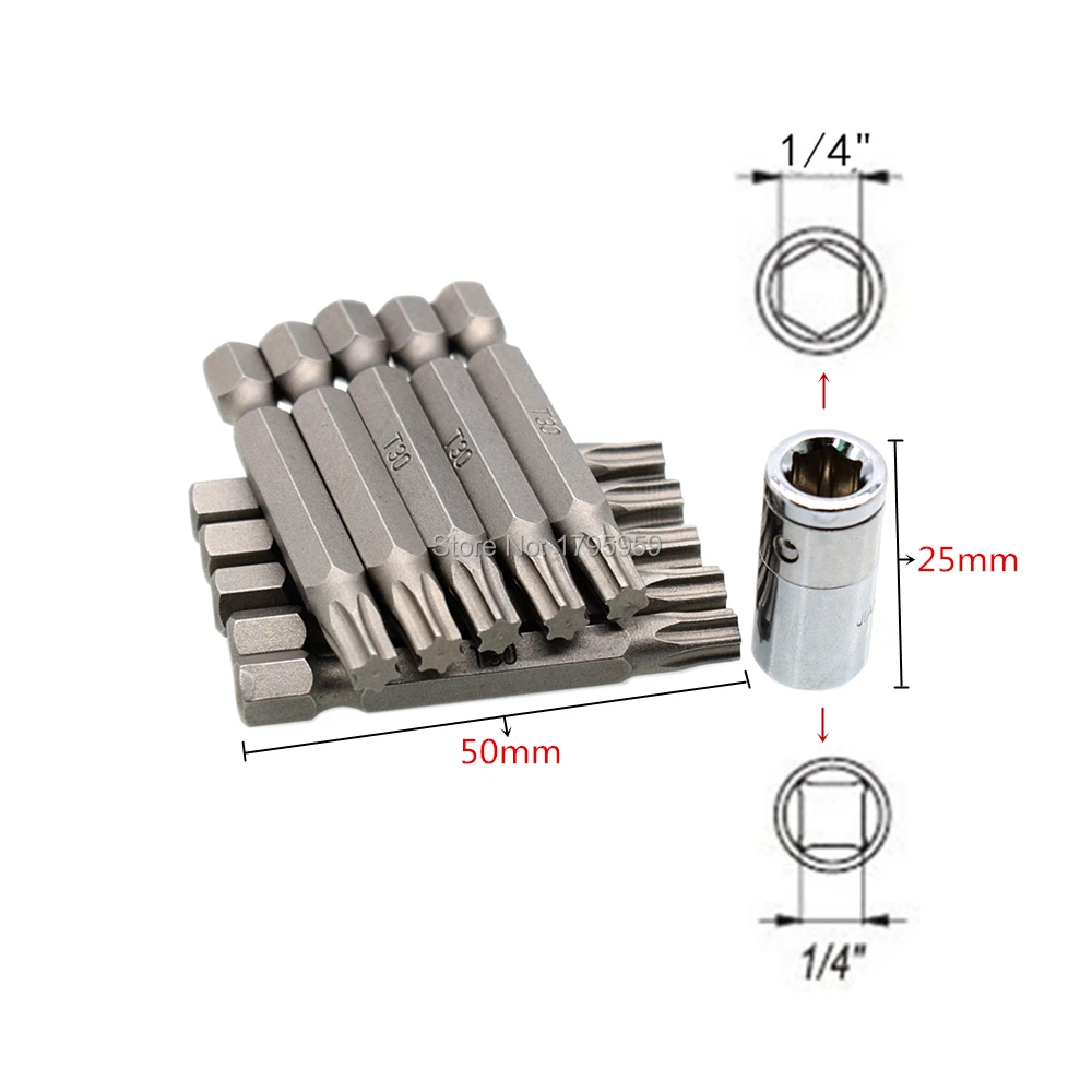 10pcs T30 Torx Screwdriver Bits 50mm Star Head Screw Driver Set with 1/4" Square Drive to Hex Shank Socket Bit Converter | Инструменты