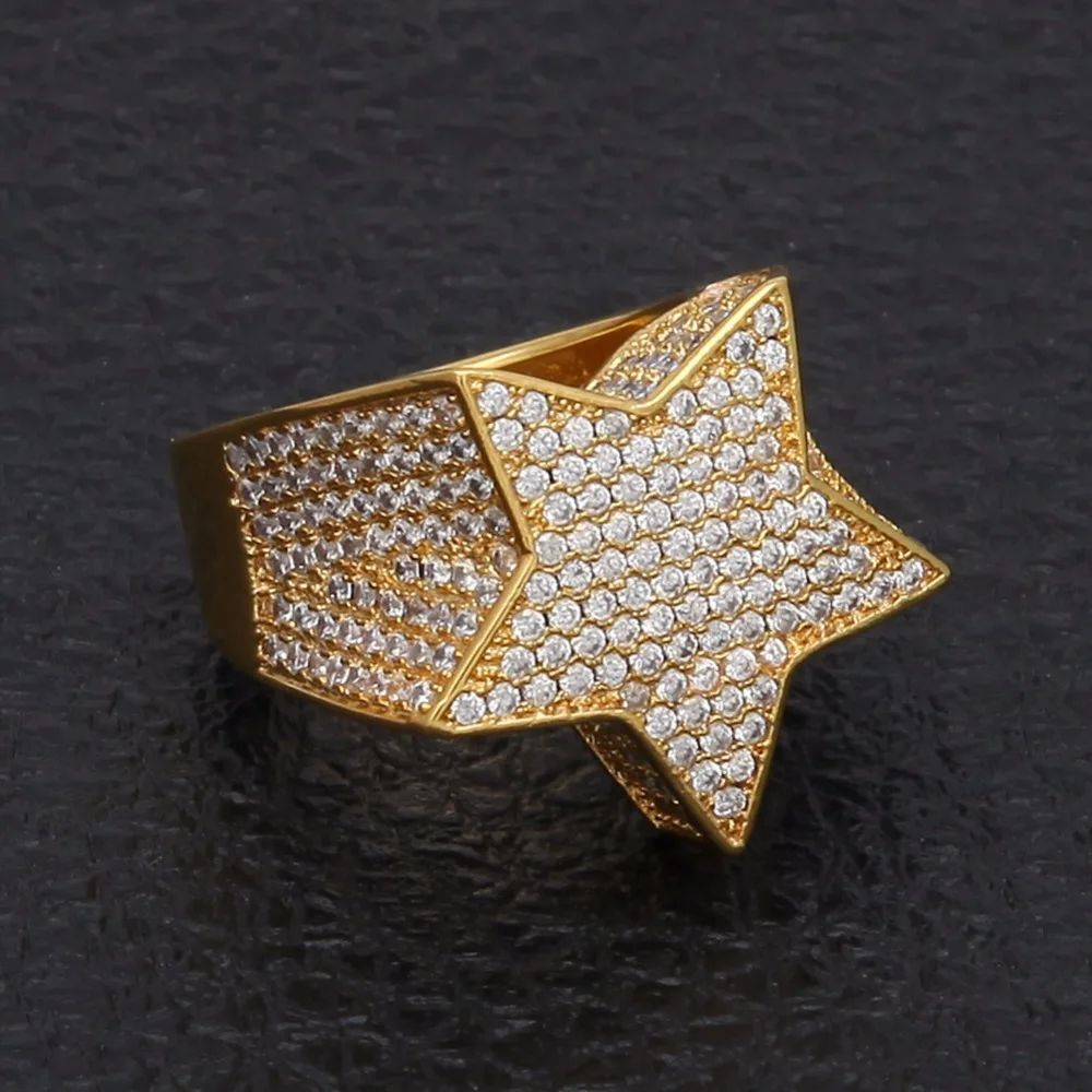 Хип-хоп AAA циркон проложили лед из Bling Star кольца серебро розовое золото кольцо с пентаграммой для мужчин и женщин ювелирные изделия подарок Прямая поставка размер 7-12