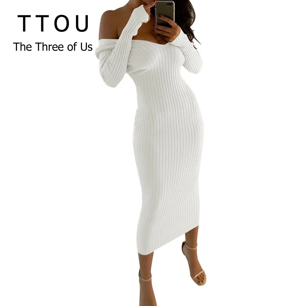 Женское трикотажное платье свитер с длинным рукавом и открытыми плечами|Женские