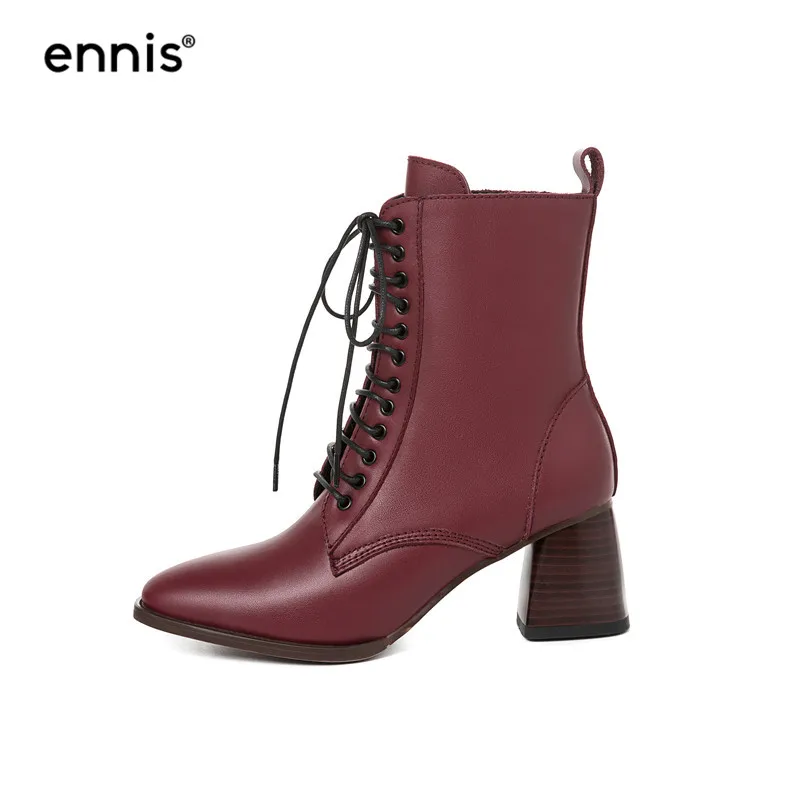 Red Wine ENNIS/ г. Осенние ботинки до середины икры женские ботинки на шнуровке обувь на высоком каблуке женские ботинки из натуральной кожи модная обувь белого и черного цвета, A930 - Цвет: Red Wine