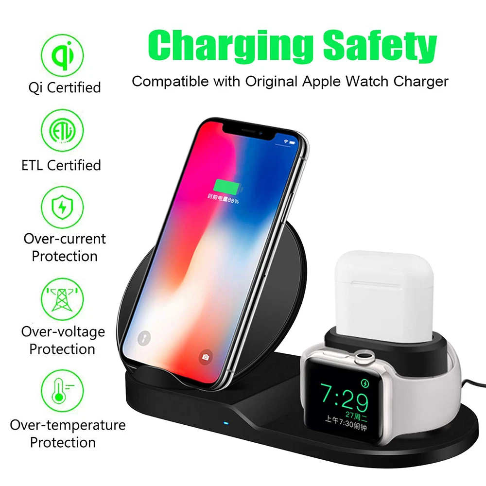 Qi беспроводной 3 в 1 Держатель подставка зарядное устройство 7 5 Вт для Iwatch 4 2 Iphone 11