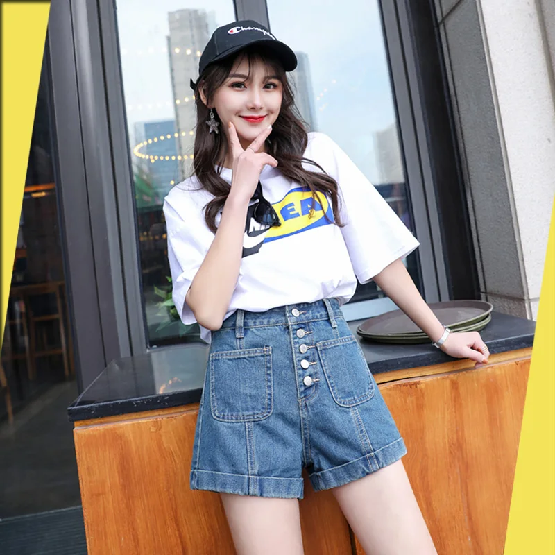 2019 летние джинсовые шорты с высокой талией женские тонкие свободные пряжкой