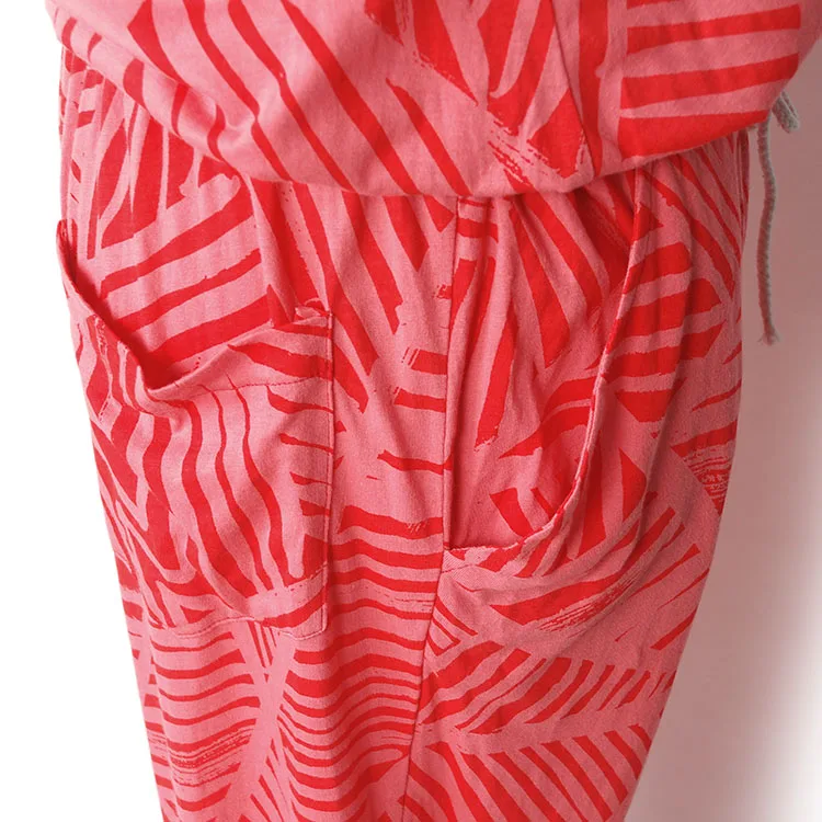 

YUNINYOYO U-neck Tropical Style Plant Leaf Line Printing Leisure Style Belt women Summer Cotton comfort Jumpsuits With pockets