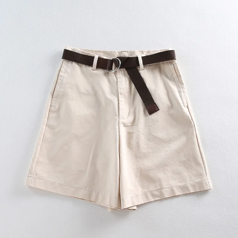 Beigepants with belt 4 цвета, Новое поступление, летние женские шорты с высокой талией и широкими штанинами, с поясом, половина длины, низ, Feminino, повседневная универсальная одежда, B94503F - Цвет: Beigepants with belt