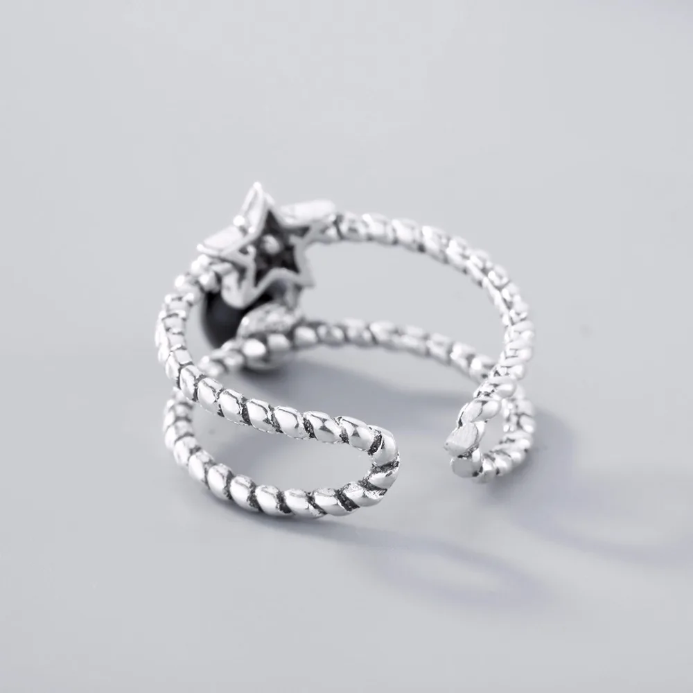 Kinitial Vintage Star Black Stone Rings For Women Adjustable Double Twisted Line Antique Silver Color Fashion Finger Jewelry | Украшения и