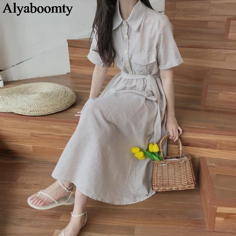 Летнее Женское Миди Платье Корейского Стиля Коричневое И Голубое В Полоску