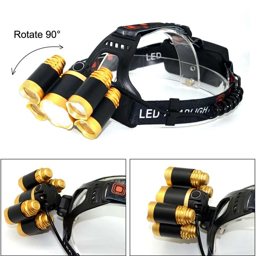 T6+XPE LED Headlight 16000lm Zoomable Head Lamp 5leds Headlamp Light Tube Torch Flashlight+Car Charger+18650 Batteries | Лампы и