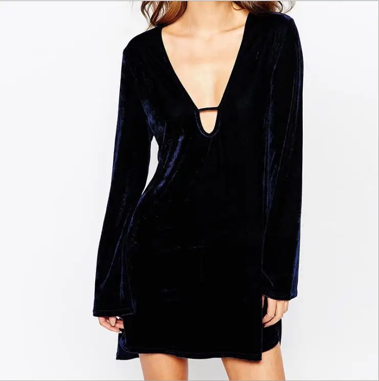 Fall and winter 2018 new style nightclub sexy beauty long sleeves European American deep V velvet loose dress | Женская одежда