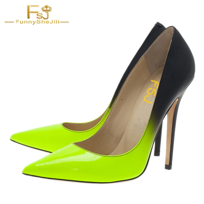 

Lime and Black Stiletto Heels Mixed Color Pointy Toe Pumps Spring Summer Autumn Party Night Club Prom Woman Shoes Size 16 FSJ