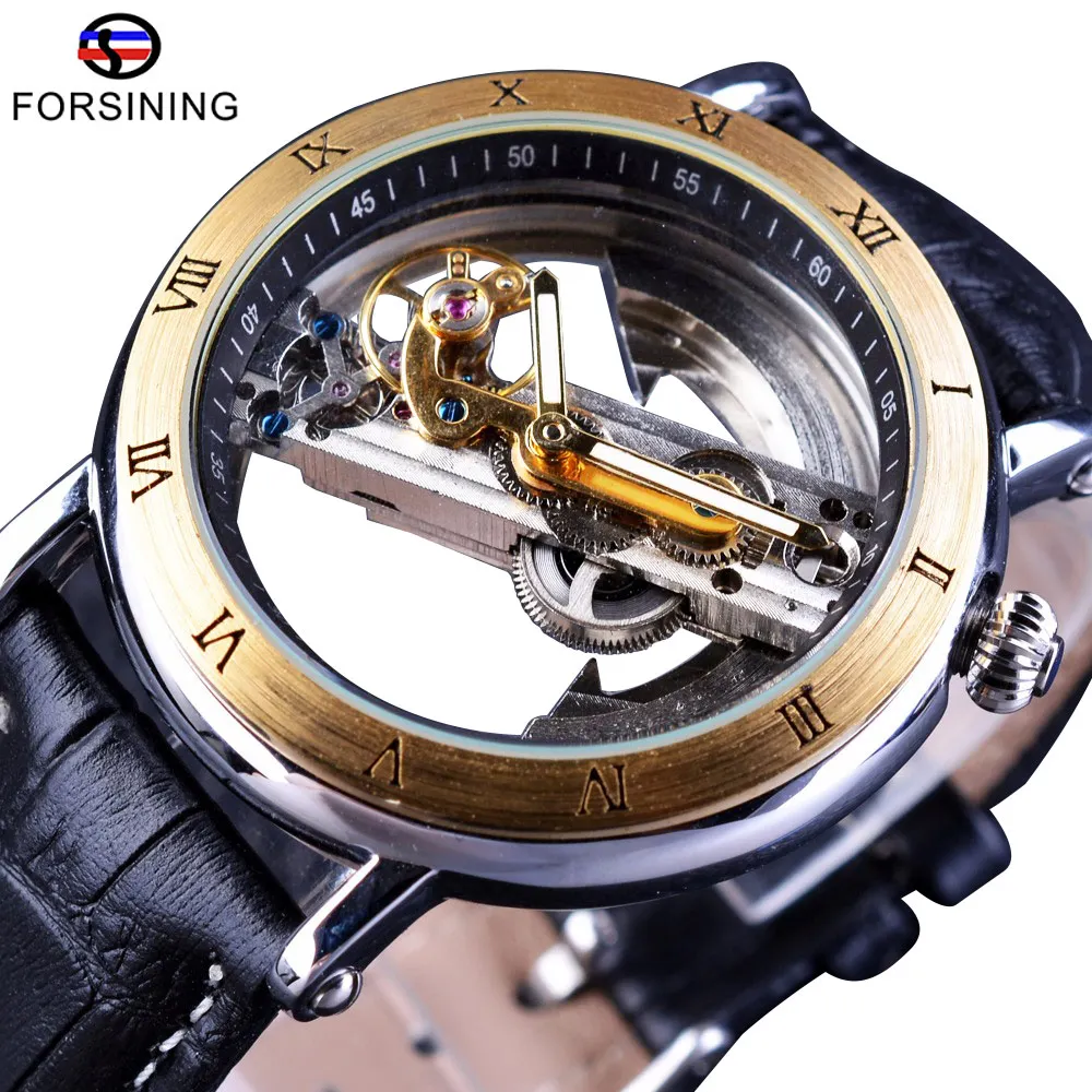 

FORSINING Retro Minimalist Transparent Automatic Movement Waterproof Genuine Belt Fashion Mechanical Mens Watch Top Brand Luxury