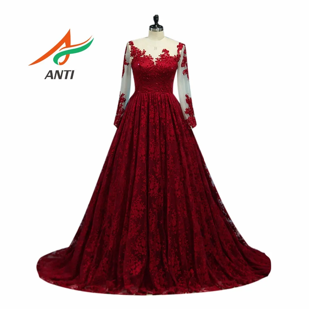 

ANTI Burgundy Lace Evening Dress Long Sleeve 2019 Vestido De Festa Beads A-Line Appliques Robe de Soiree Formal Evening party