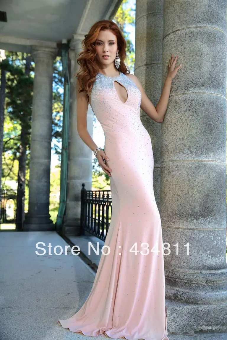2014 New Crew Neck Center Keyhole Sleeveless Pink Mermaid Beaded Prom Dresses Criss-Cross Back Floor Length Evening Gowns | Свадьбы и