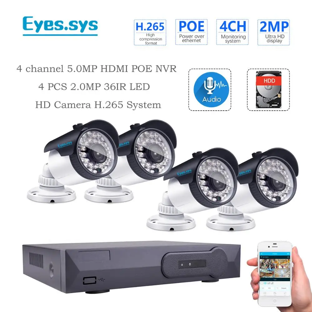 Eyes. sys H.265 звуковая система POE 4 шт. 2.0MP ночное видение аудио камера 4CH 1080P NVR