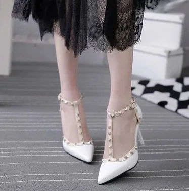 Lady's Sexy Hot Sell T-strap Rivet Nigh Club Plus Size 40 Pointy Narrow Toe Buckle Strap High Heels Women Pumps Stilettos Sandal | Обувь