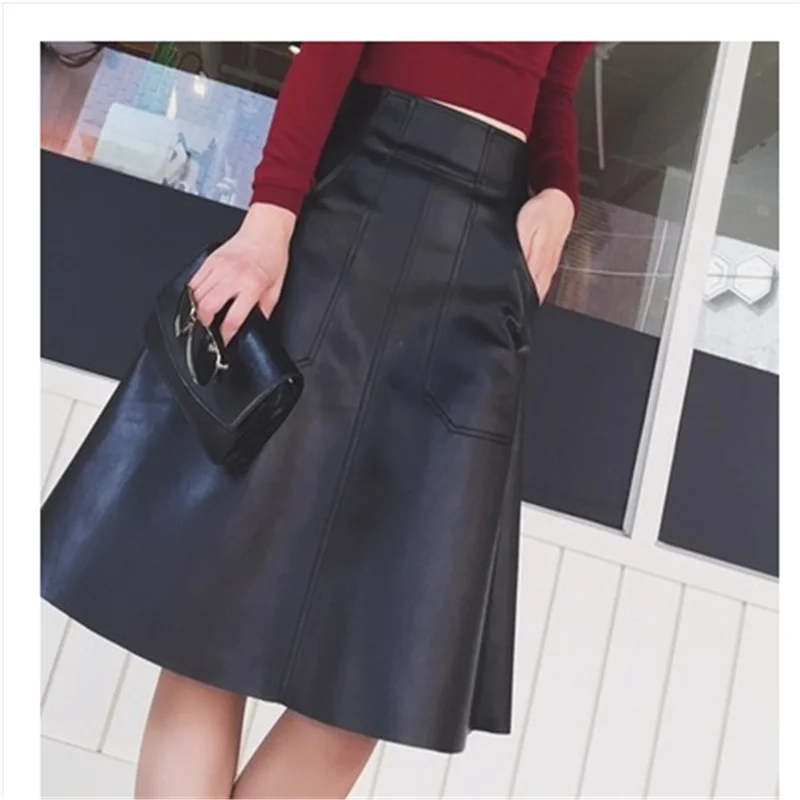 Новинка весна-осень 2019 женская Юбка-миди из искусственной кожи на молнии |