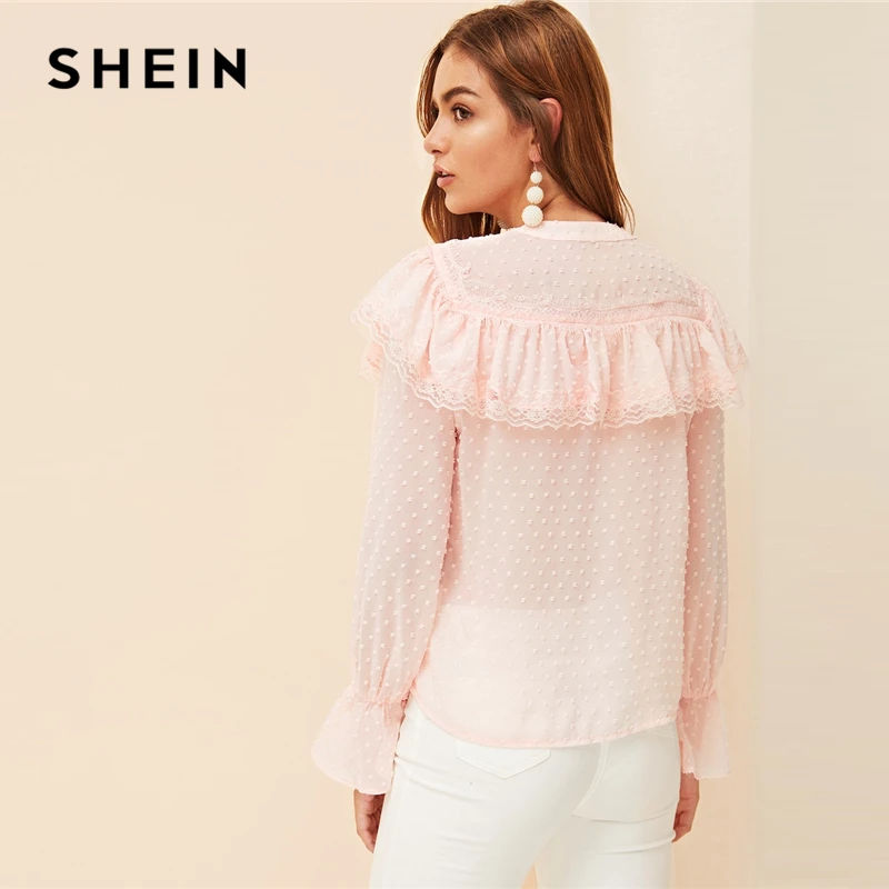 SHEIN Романтический пастельный розовый топ в горошек с оборками, жаккардовый Топ, блузка на пуговицах, женские весенние блузки с рукавами-воланами, милые элегантные блузки
