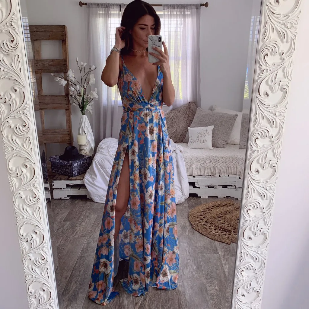 Плюс Размеры шифоновое сексуальное платье Для женщин Летнее Boho ремешками пикантные сексуальное нижнее белье с глубоким v-образным вырезом длинное вечерние Пляжные наряды Z4