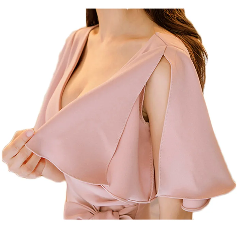 

Pink Dress Women Plus Size Pencil Dresses 2018 Summer Korean New Office Lady High Waist Short Sleeve V Neck Slim Vestidos LD56