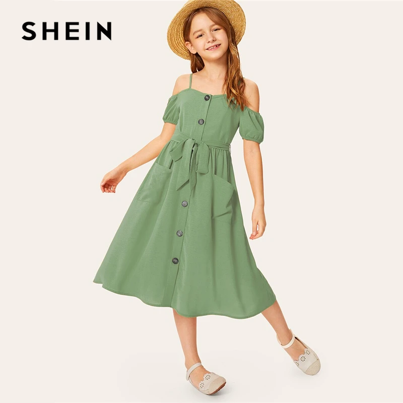 SHEIN/детское однотонное платье для девочек с открытыми плечами и одной пуговицей спереди, с поясом, платье в стиле бохо,, летние платья миди с короткими рукавами для отдыха