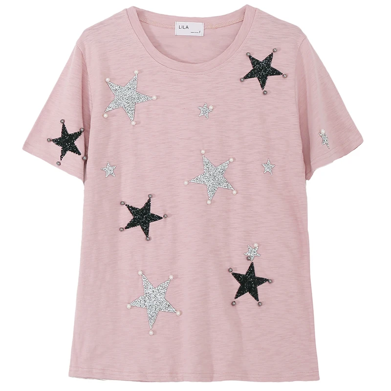 Женская футболка с коротким рукавом белая жемчугом и стразами летняя пентагоном