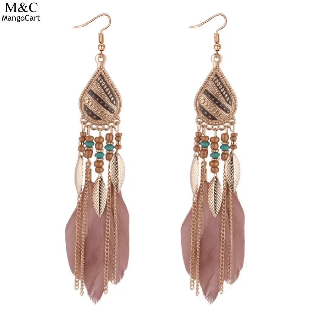 2018 перо кисточкой длинные серьги для женщин крошечные бусины Листья Шарм можная