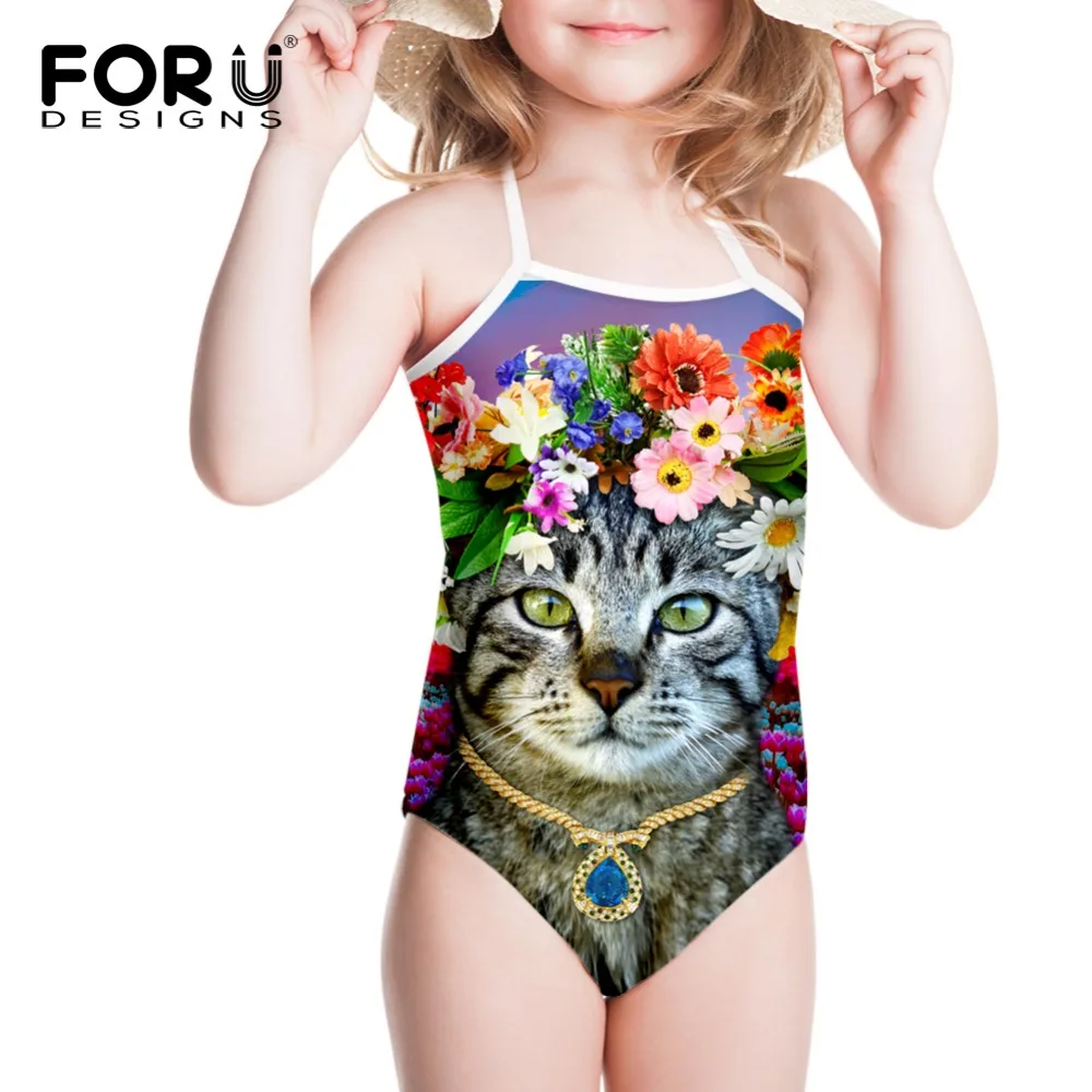 Купальник для девочек с цветочным рисунком и котом слитный купальник в полоску