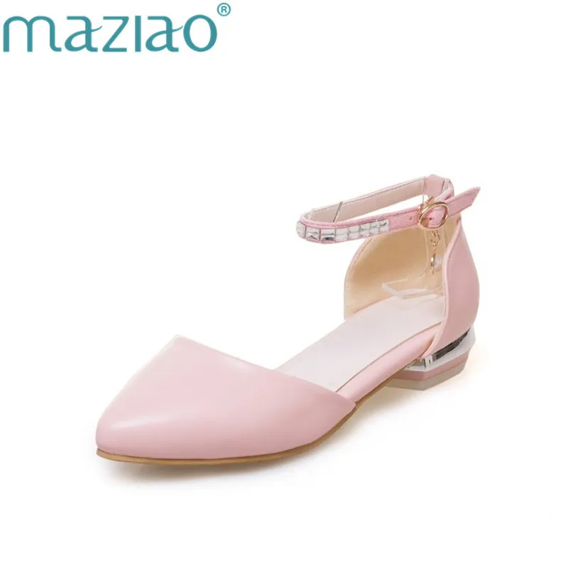 MAZIAO 2018 Women Pumps Square Low Heel PU leather Pointed Toe String Bead Blue Ankle Strap Ladies Wedding Shoes Size 31-46 | Обувь