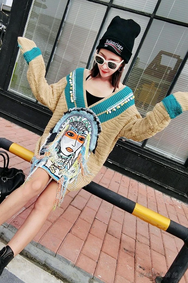Thai Tide brand 2020 autumn and winter beaded tassel Indian face V-neck loose large size long thick women's sweater women | Женская